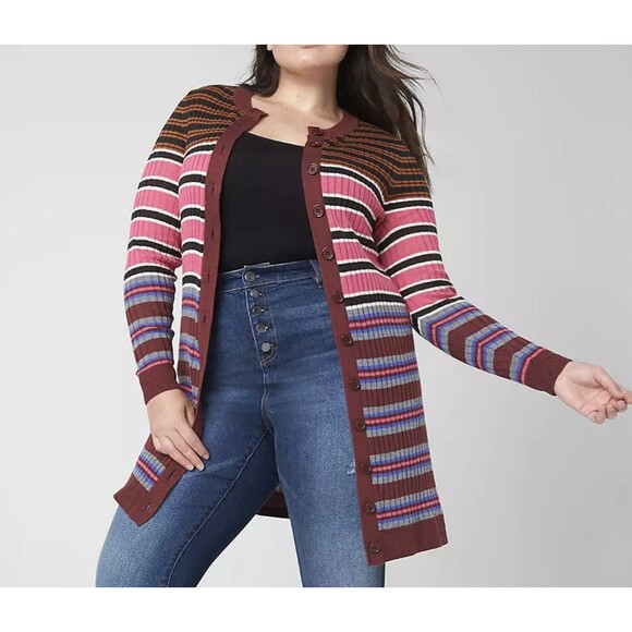 Lane Bryant Button Front Colorful Stripe Ribbed Duster Cardigan Women's 22/24 - Picture 1 of 12